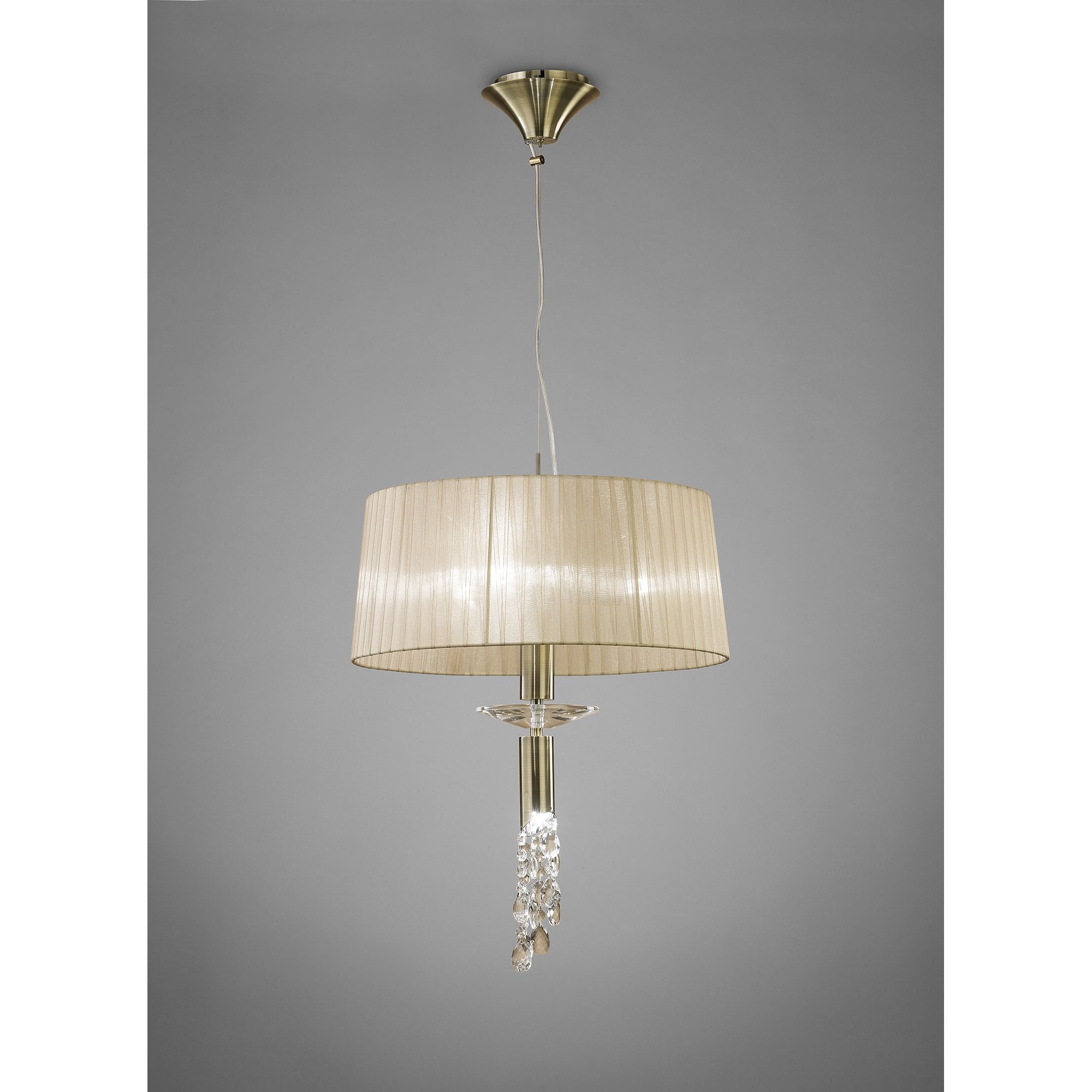 Tiffany Pendant 3+1 Light E27+G9, Antique Brass With Soft Bronze Shade & Clear Crystal