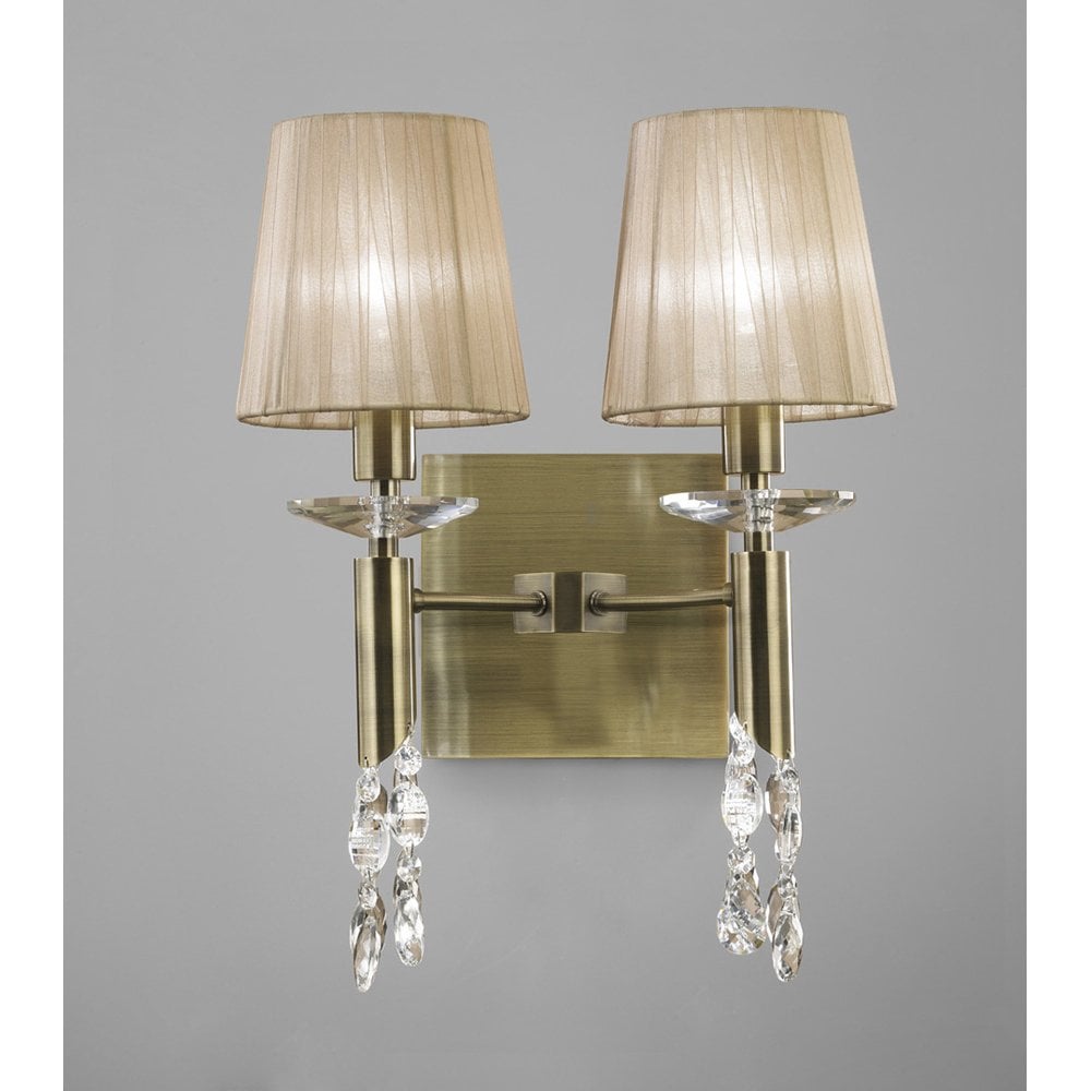 Tiffany Wall Lamp Switched 2+2 Light E14+G9, Antique Brass With Soft Bronze Shades & Clear Crystal