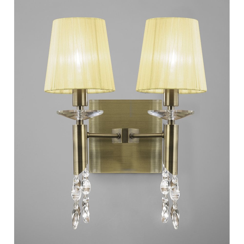 M3883/S Tiffany Wall Lamp Switched 2+2 Light E14+G9, Antique Brass With Cream Shades & Clear Crystal