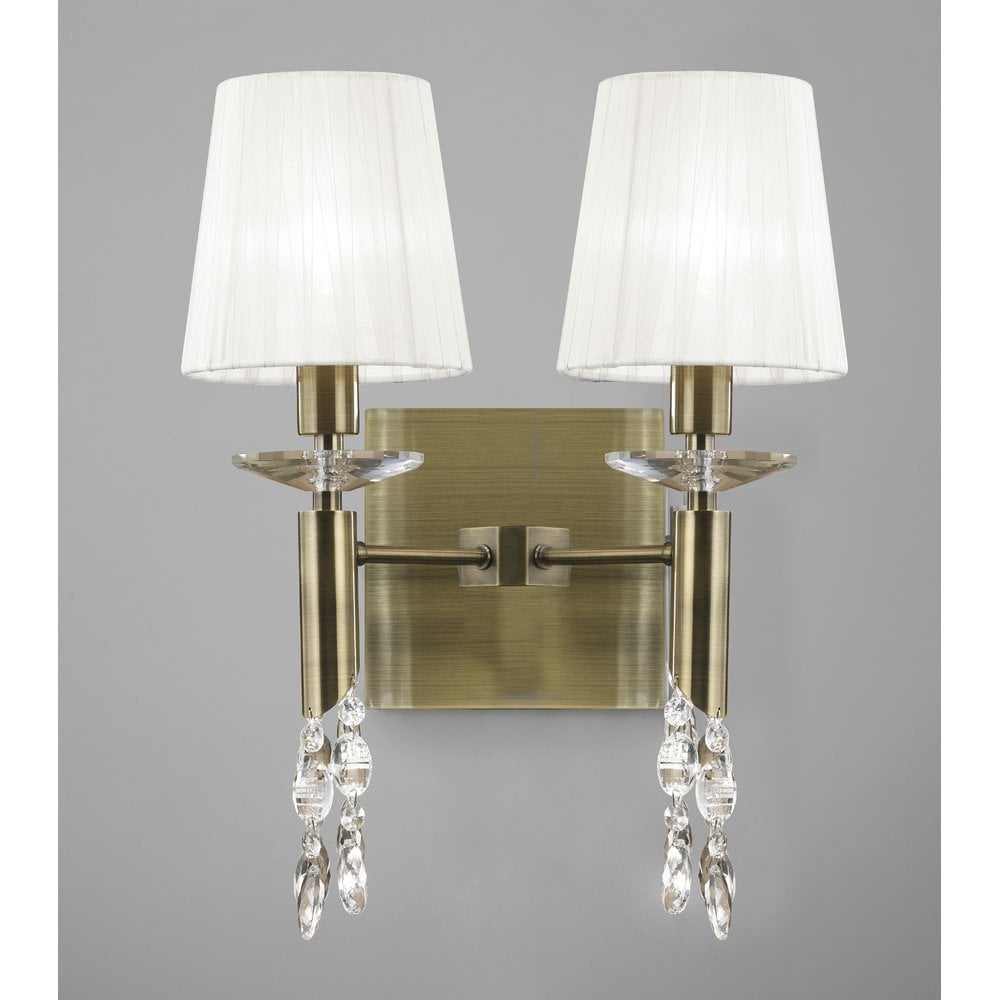 M3883/S Tiffany Wall Lamp Switched 2+2 Light E14+G9, Antique Brass With White Shades & Clear Crystal