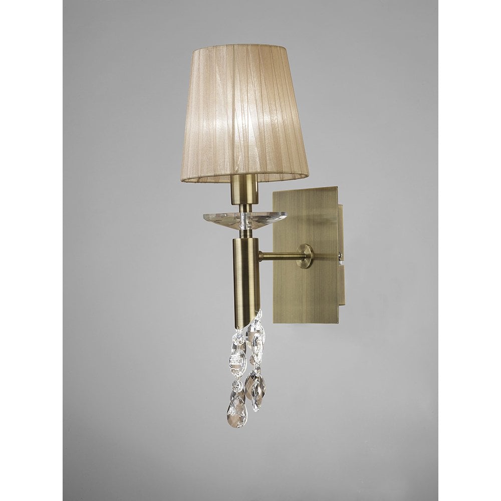 Tiffany Wall Lamp Switched 1+1 Light E14+G9, Antique Brass With Soft Bronze Shade & Clear Crystal