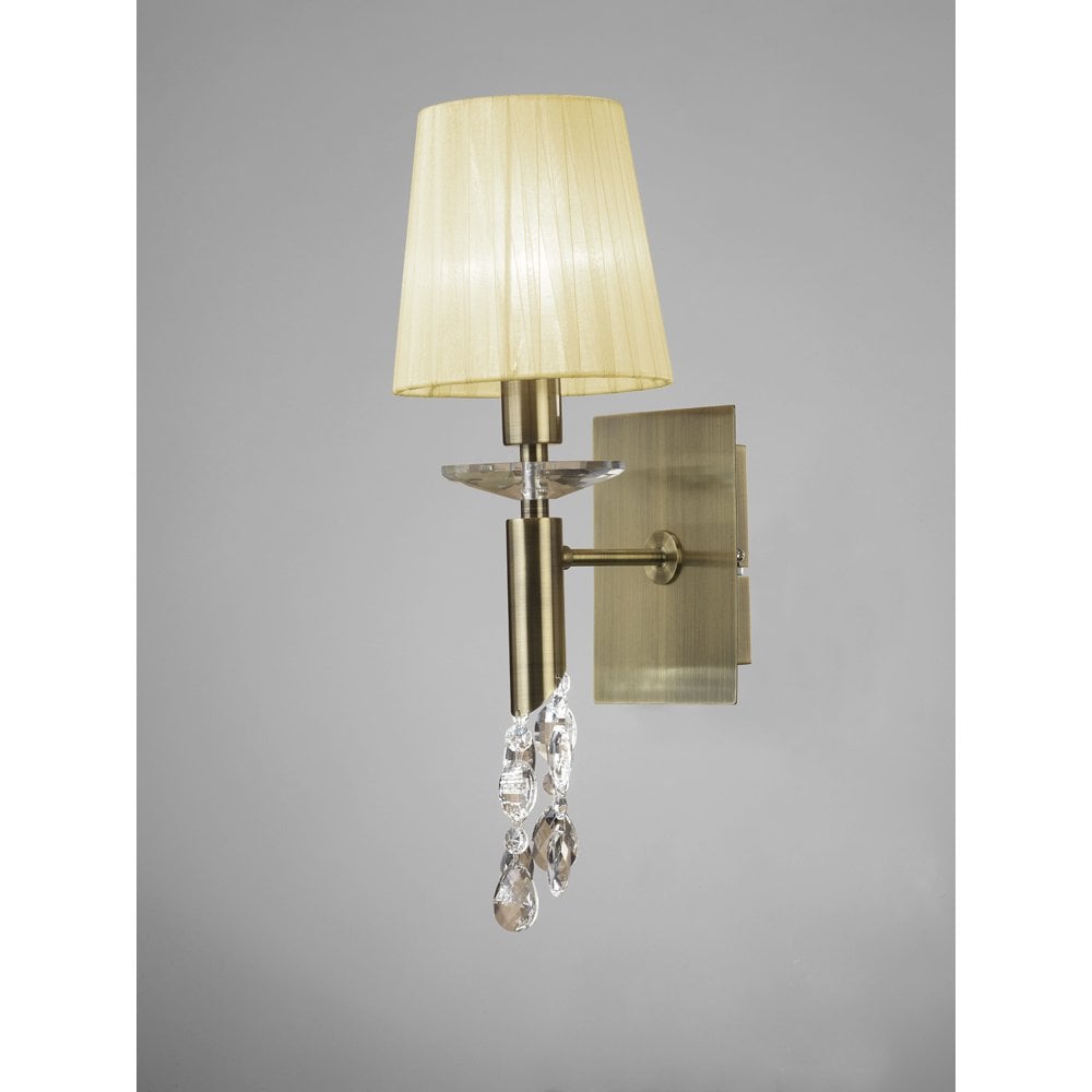 M3884/S Tiffany Wall Lamp Switched 1+1 Light E14+G9, Antique Brass With Cream Shade & Clear Crystal