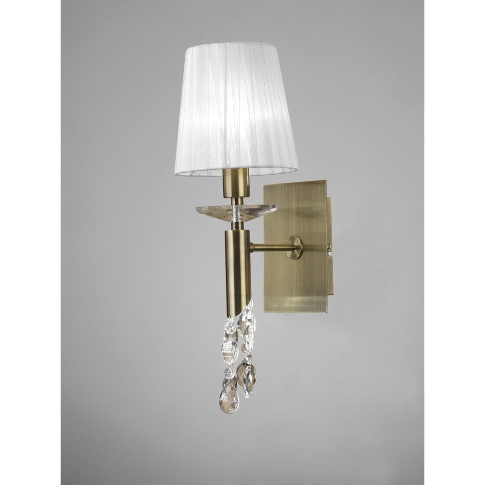 M3884/S Tiffany Wall Lamp Switched 1+1 Light E14+G9, Antique Brass With White Shade & Clear Crystal