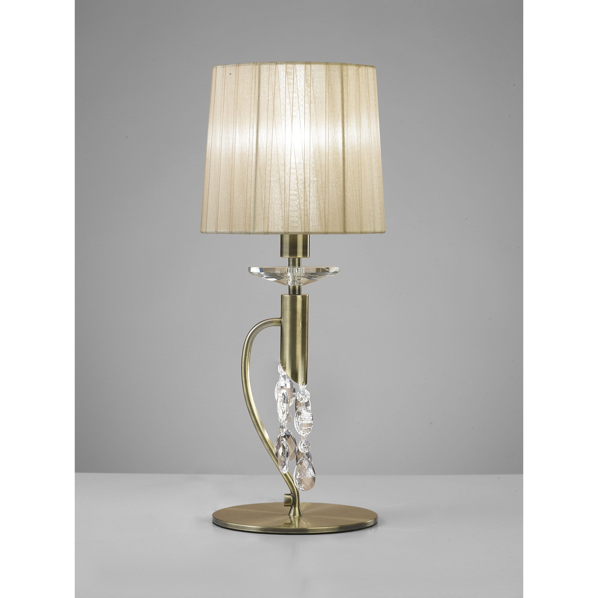 Tiffany Table Lamp 1+1 Light E14+G9, Antique Brass With Soft Bronze Shade & Clear Crystal