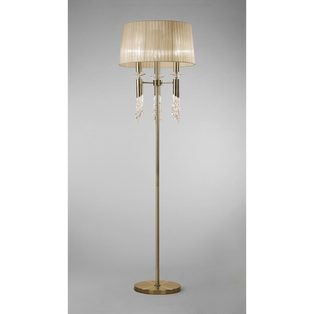 Tiffany Floor Lamp 3+3 Light E27+G9, Antique Brass With Soft Bronze Shade & Clear Crystal