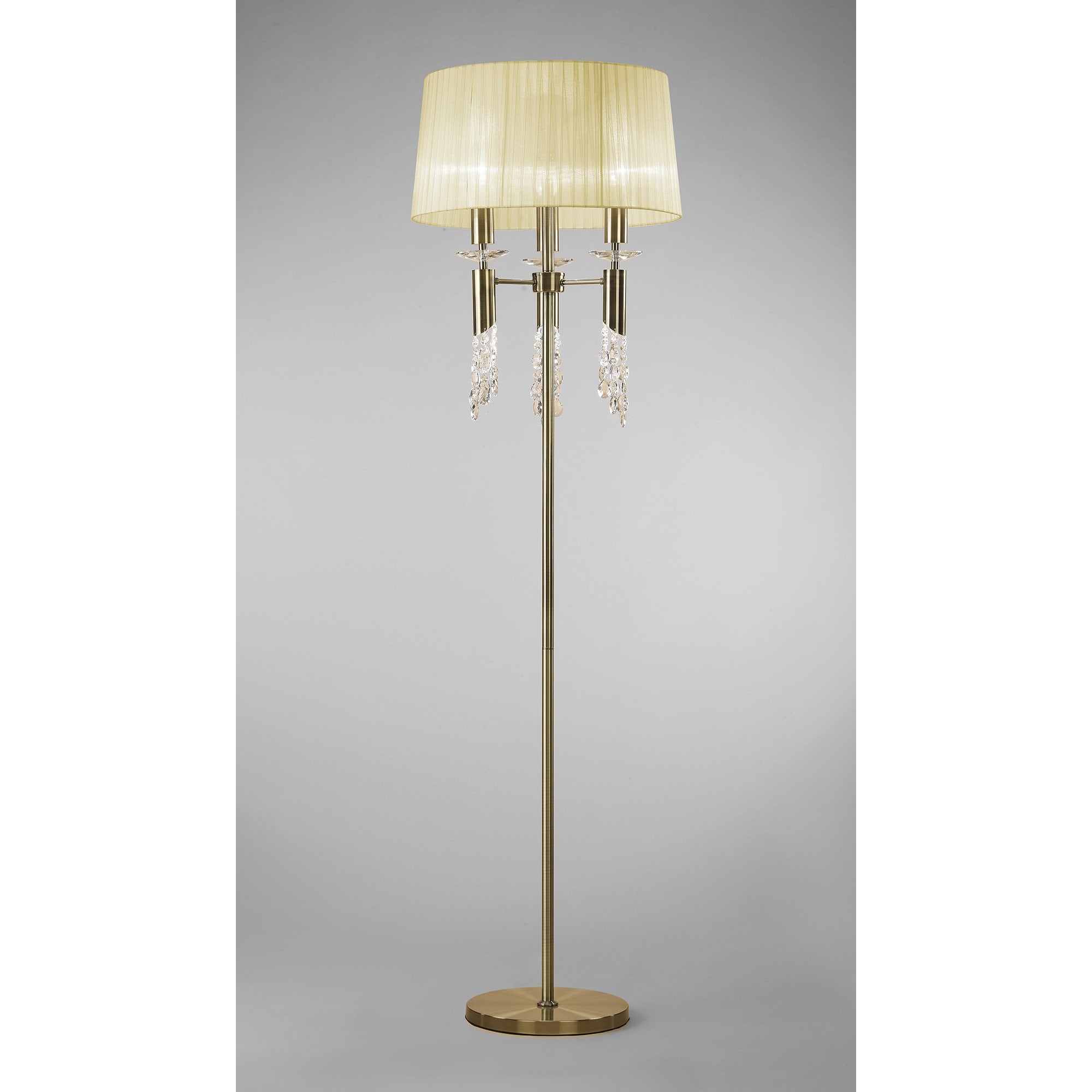 M3889 Tiffany Floor Lamp 3+3 Light E27+G9, Antique Brass With Cream Shade & Clear Crystal