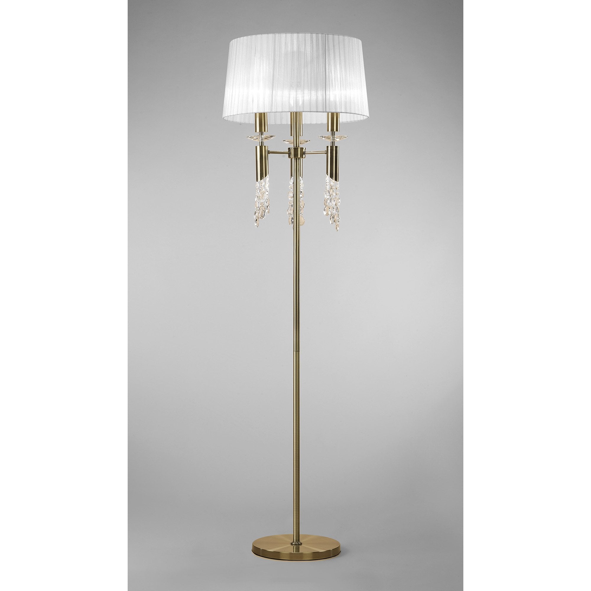 M3889 Tiffany Floor Lamp 3+3 Light E27+G9, Antique Brass With White Shade & Clear Crystal