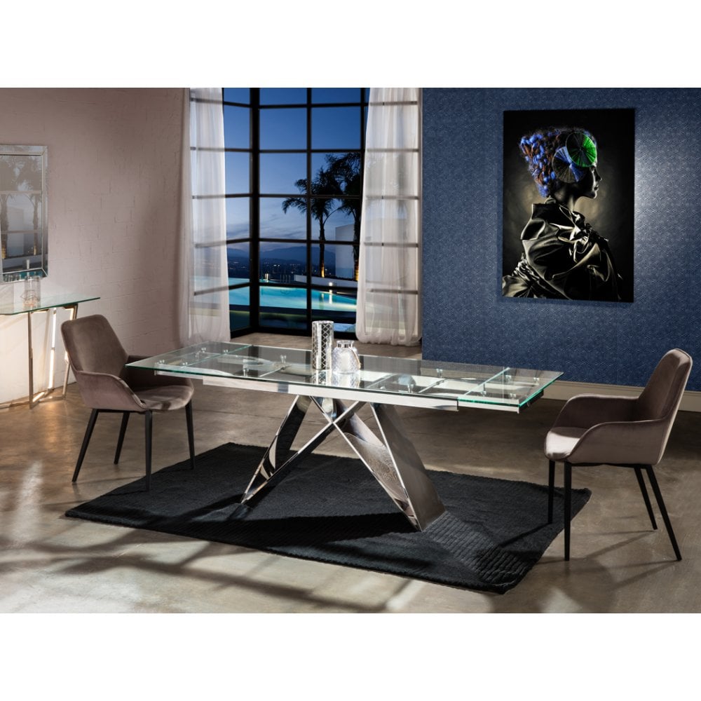 Mika Modern Extendable Glass Dining Table, Chrome