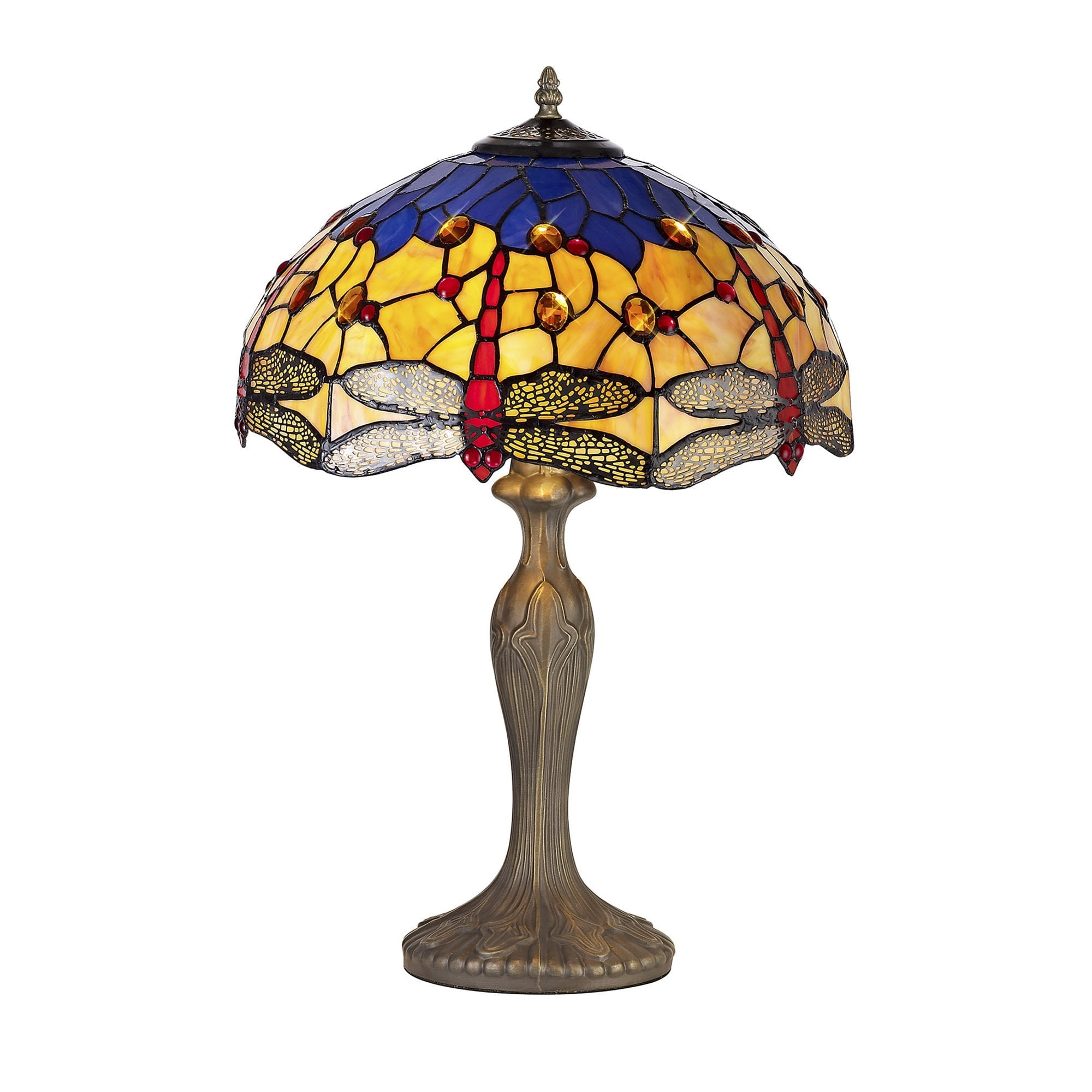 Hifly 2 Light Curved Table Lamp E27 With 40cm Tiffany Shade, Blue/Orange/Crystal/Aged Antique Brass