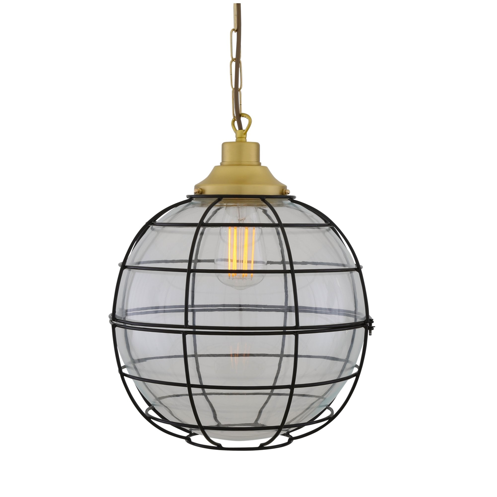 Hudson 30cm Cage Pendant, Antique Brass, Clear Glass