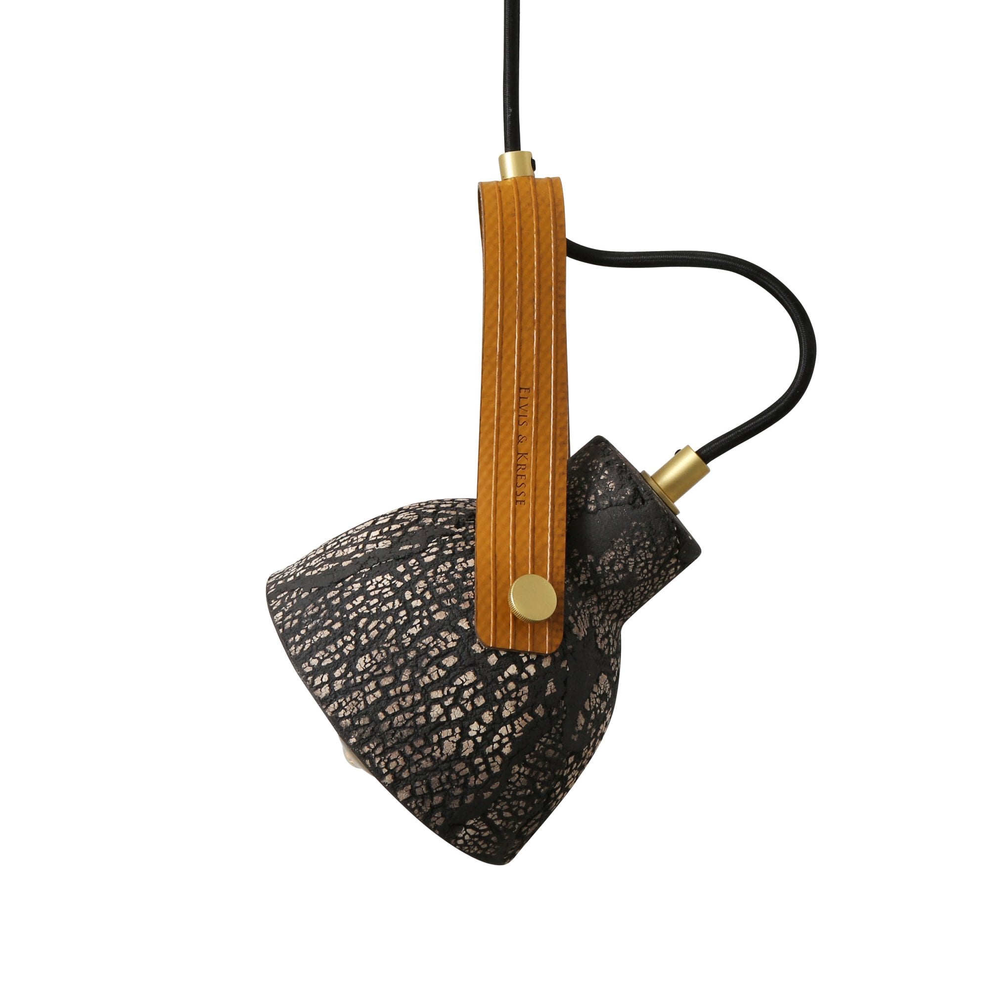 Pera Pendant - Black Clay, Antique Brass, Red Strap